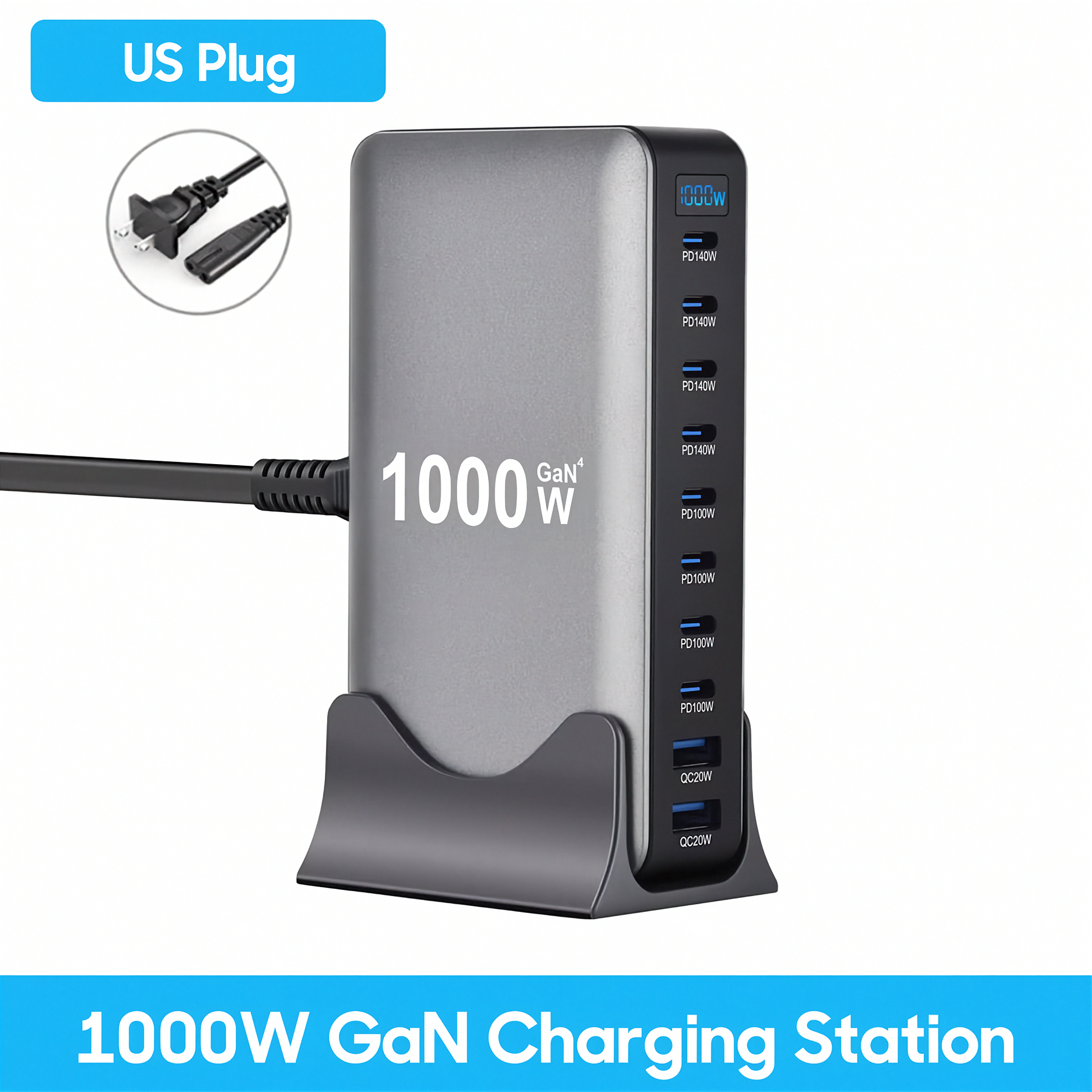1000W 10-Port GaN Desktop Charger - Fast Charging Station for MacBook, Laptop & Phone