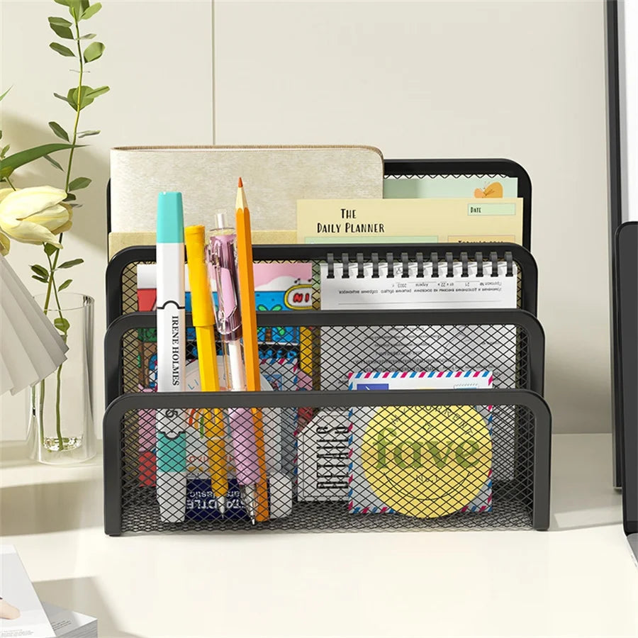 3-Tier Metal Mesh Document Organizer - Desktop File Holder & Magazine Rack