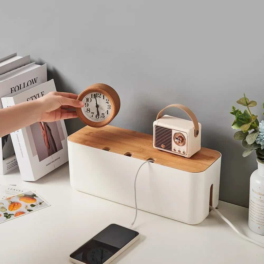 Bamboo Cable Management Box - Hide Wires & Power Strips for Desk Organization
