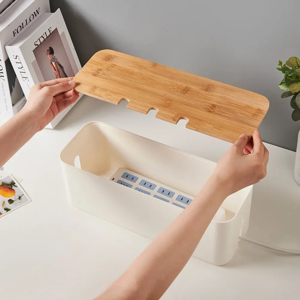 Bamboo Cable Management Box - Hide Wires & Power Strips for Desk Organization