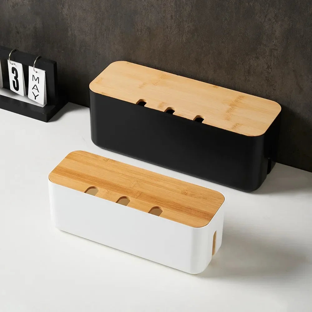 Bamboo Cable Management Box - Hide Wires & Power Strips for Desk Organization