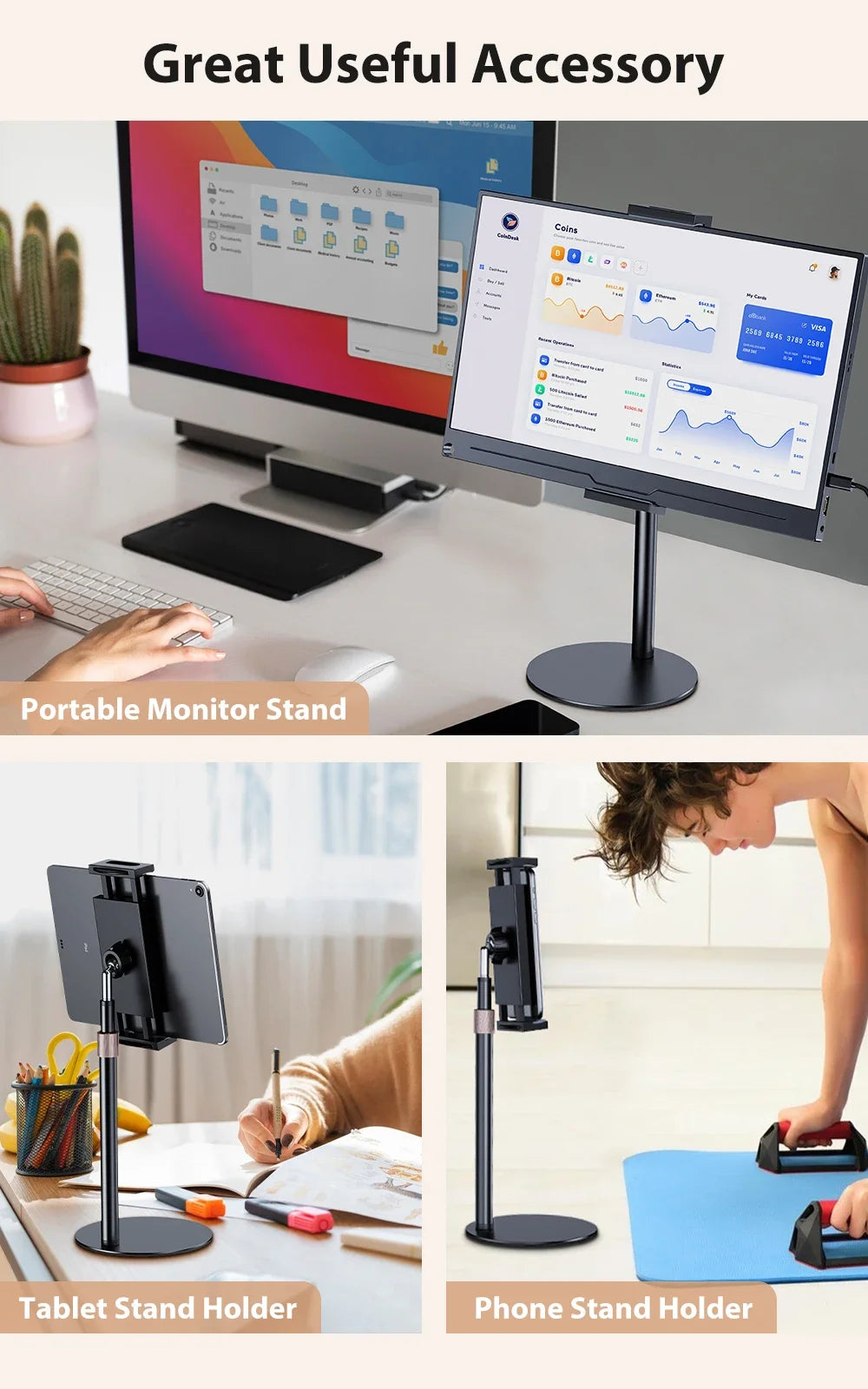 Adjustable Portable Monitor Stand - Desktop Bracket for 4.7-17.3" Devices