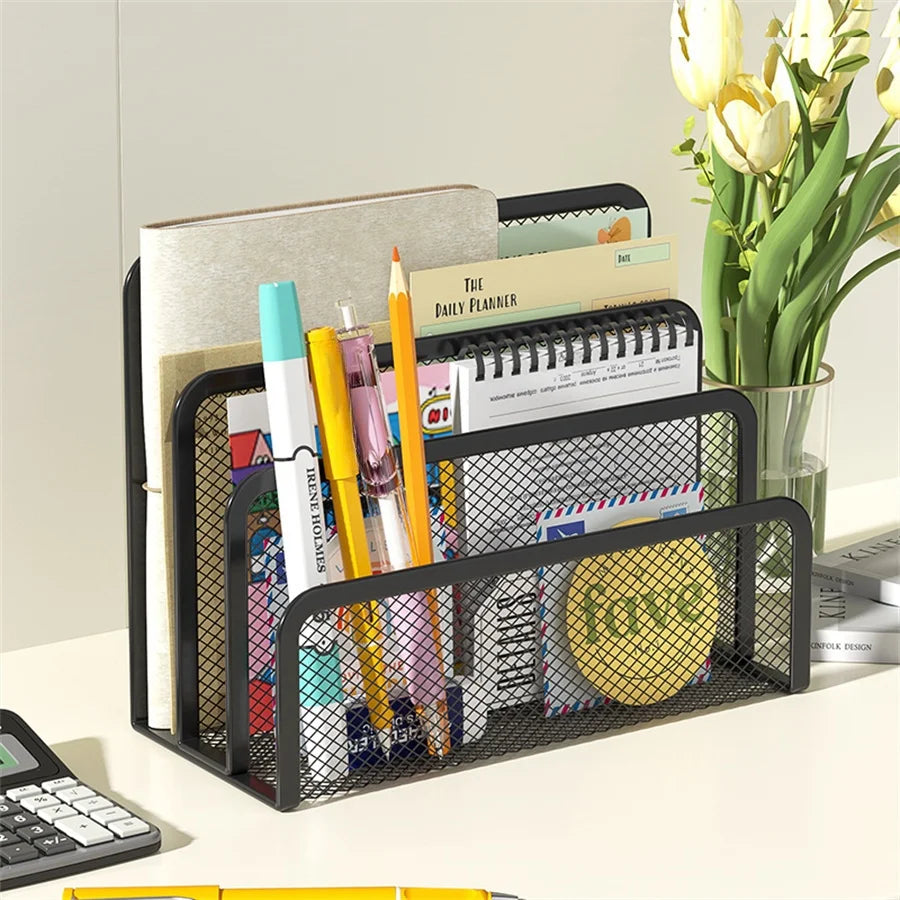 3-Tier Metal Mesh Document Organizer - Desktop File Holder & Magazine Rack
