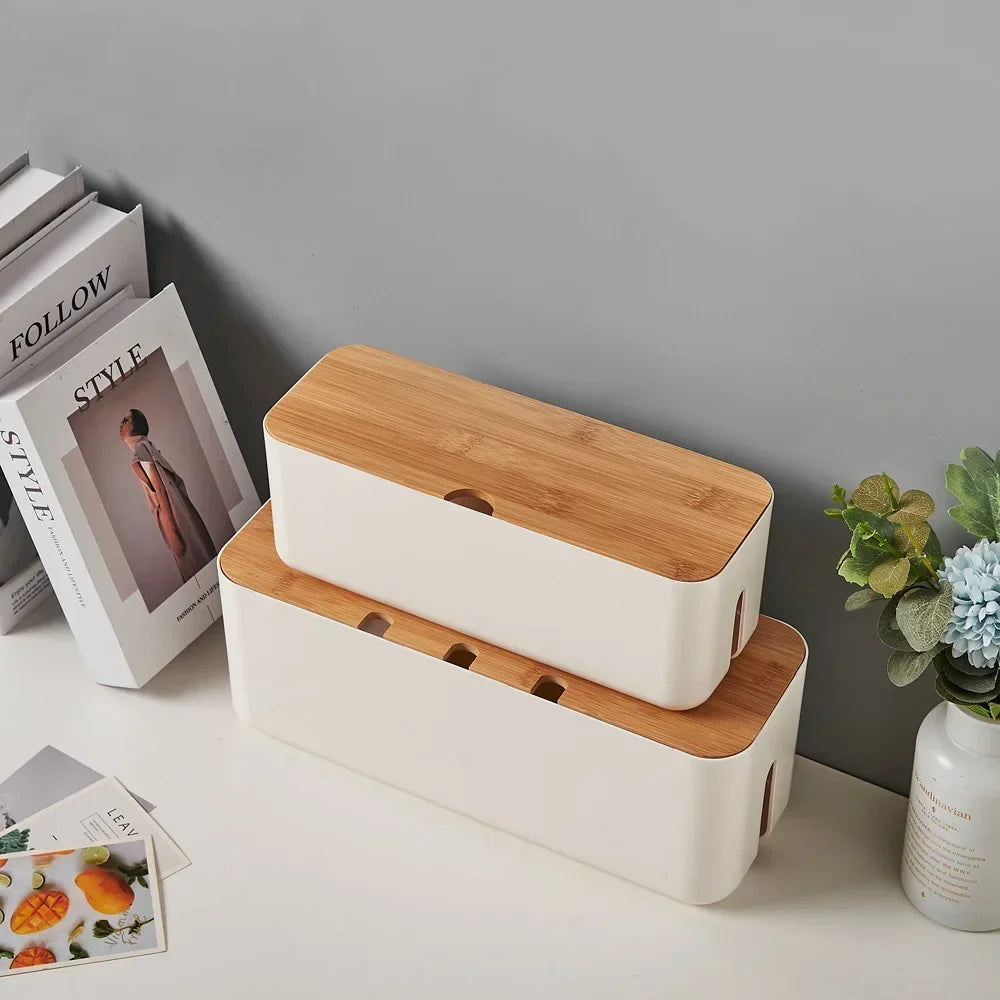 Bamboo Cable Management Box - Hide Wires & Power Strips for Desk Organization