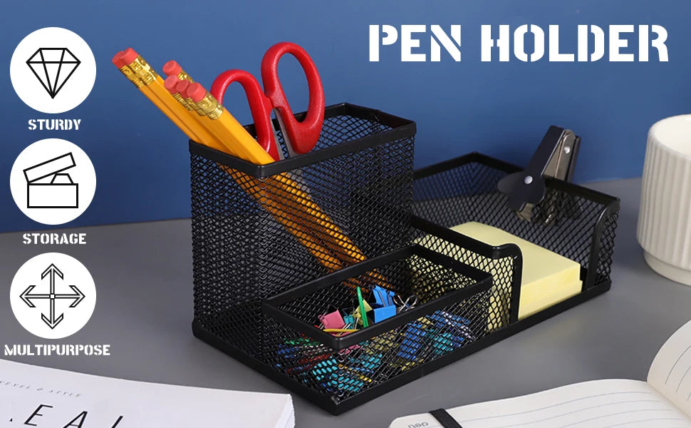 Mesh Desk Organizer - 3-Compartment Office Supplies Caddy with Pen Holder