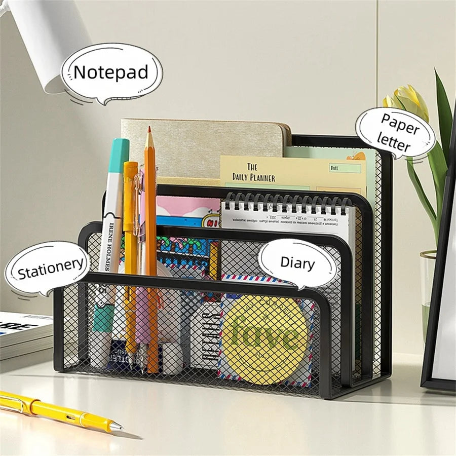 3-Tier Metal Mesh Document Organizer - Desktop File Holder & Magazine Rack