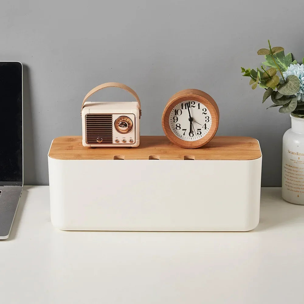 Bamboo Cable Management Box - Hide Wires & Power Strips for Desk Organization