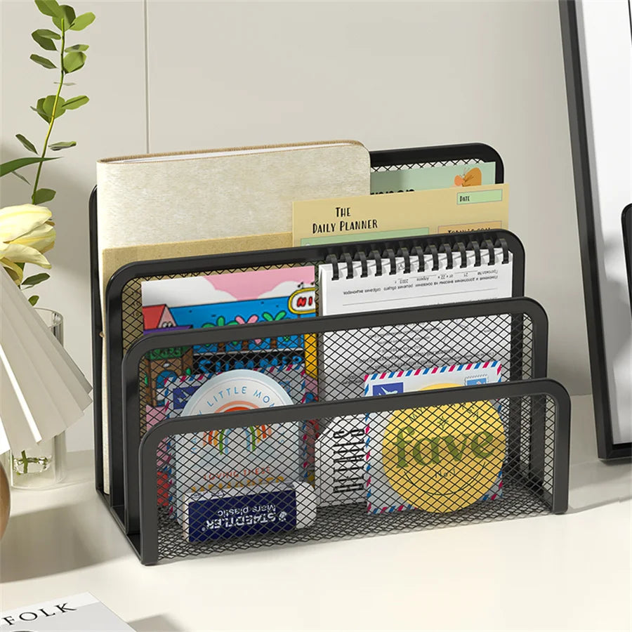 3-Tier Metal Mesh Document Organizer - Desktop File Holder & Magazine Rack
